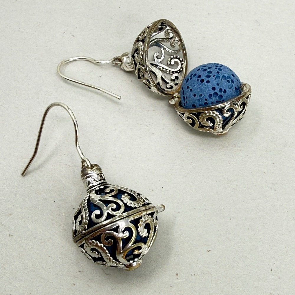 Lava Stone Diffuser Earrings Silver Tone Filigree Blue Orb Locket Essential Oils